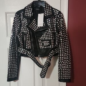 AKIRA NWT BLACK LEATHER CRYSTAL STUD ASYMETRIC ZIP BELTED JACKET SZ SMALL